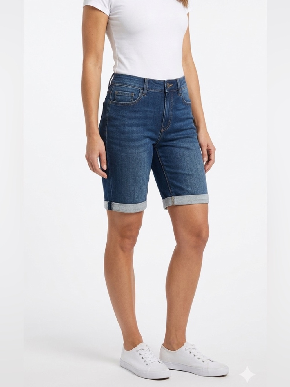 Parasuco Bermuda Dark Blue Denim Jorts Size 6 Rolled Hem High Waisted